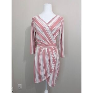 Size L - Pink White Striped Wrap Dress